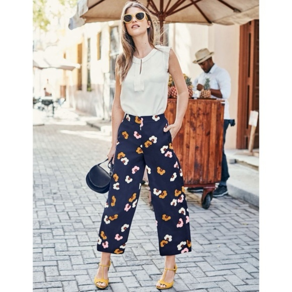 Boden Navy Blue Floral Crop Wide Leg Culotte Pant Sz 4P Boho Spring Chic Brunch